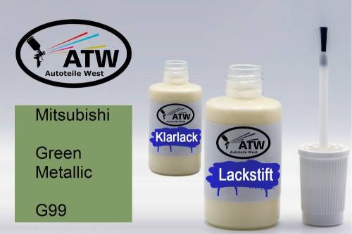 Mitsubishi, Green Metallic, G99: 20ml Lackstift + 20ml Klarlack - Set, von ATW Autoteile West.